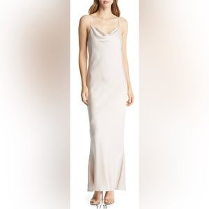 Shona Joy Cowl Neck Beige Satin Gown Size 12 NWT